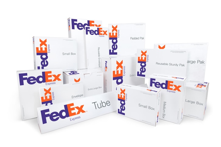 Display of assorted FedEx packages and boxes 